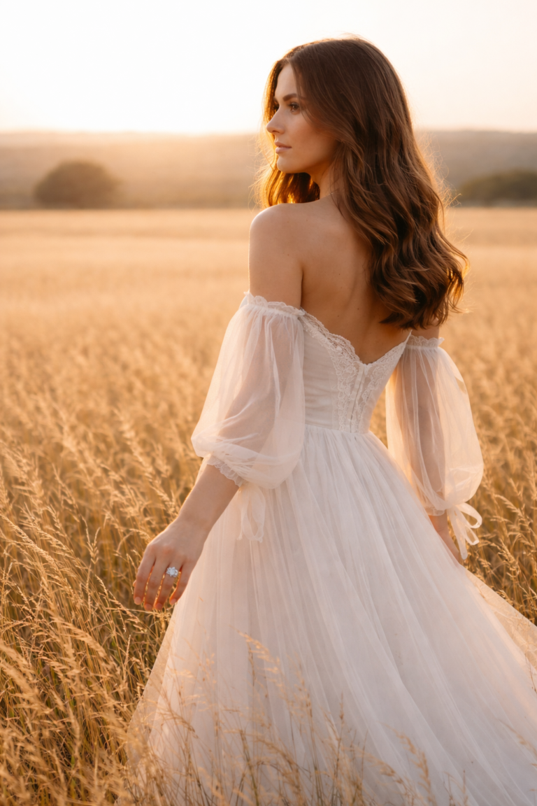 mujer en campo dorado al atardecer